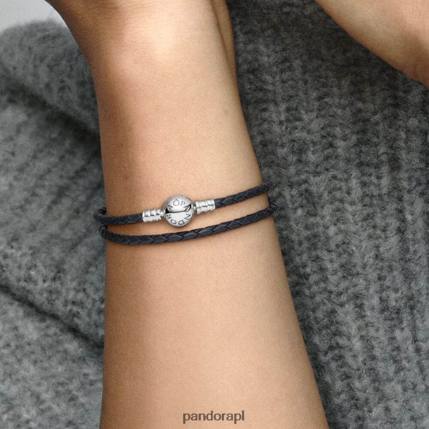 srebrny/czarny Akcesoria Pandora Momenty podwójna skórzana bransoletka DFDN367