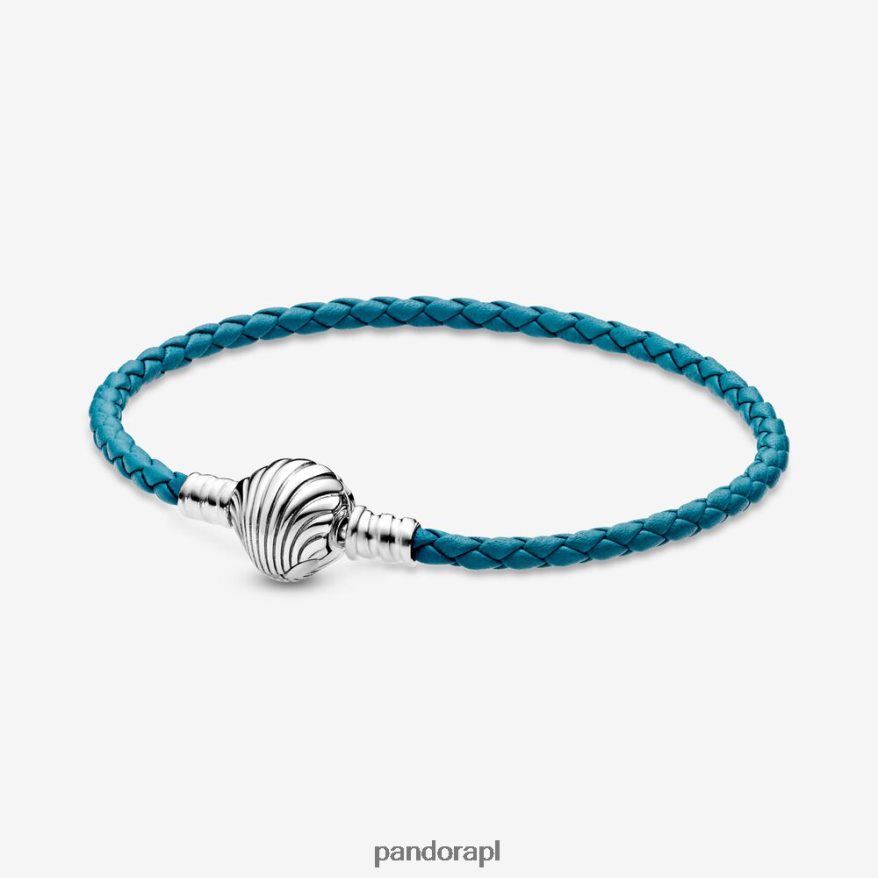 srebro Akcesoria Pandora Momenty, pleciona, turkusowa, skórzana bransoletka z zapięciem w kształcie muszli DFDN350