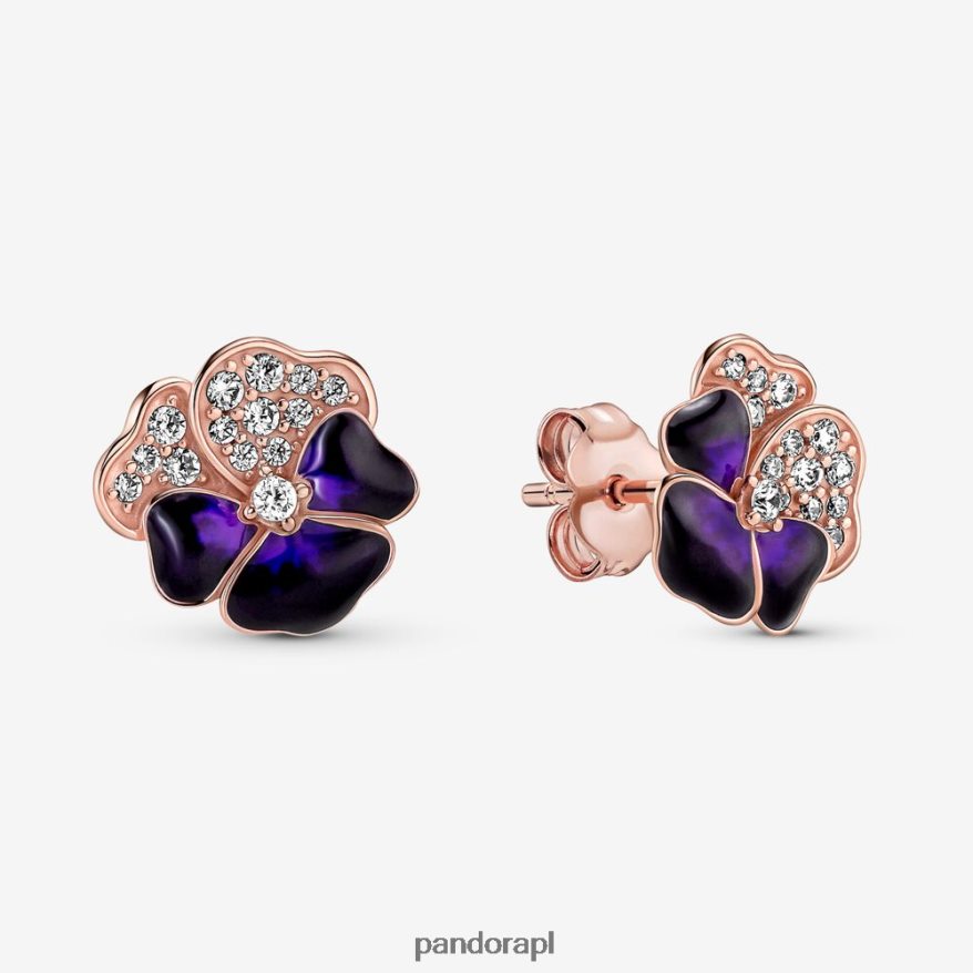 Pozłacane Różowym Złotem Akcesoria Pandora Kolczyki w kształcie kwiatu bratka w kolorze głębokiego fioletu DFDN949