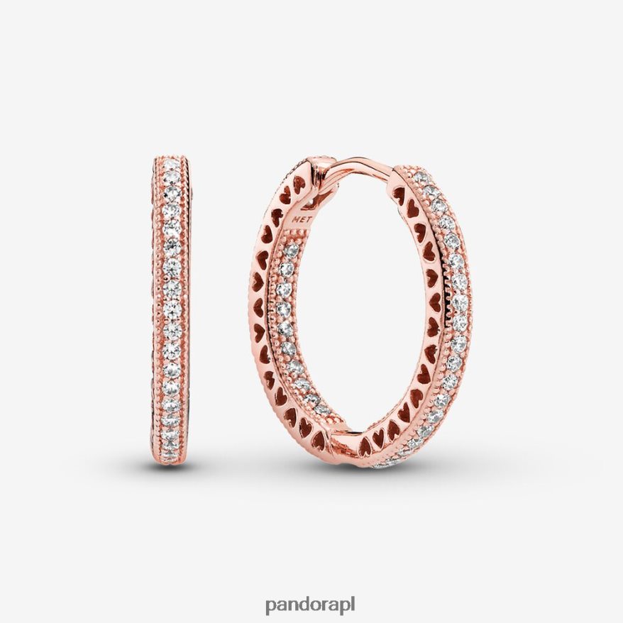 Pozłacane Różowym Złotem Akcesoria Pandora kolczyki koła z blaskiem i sercami DFDN867