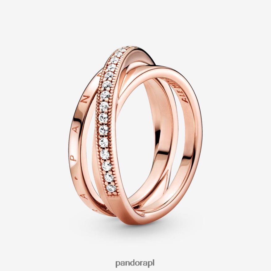 Pozłacane Różowym Złotem Akcesoria Pandora Pierścień crossover pave z potrójnym paskiem DFDN623