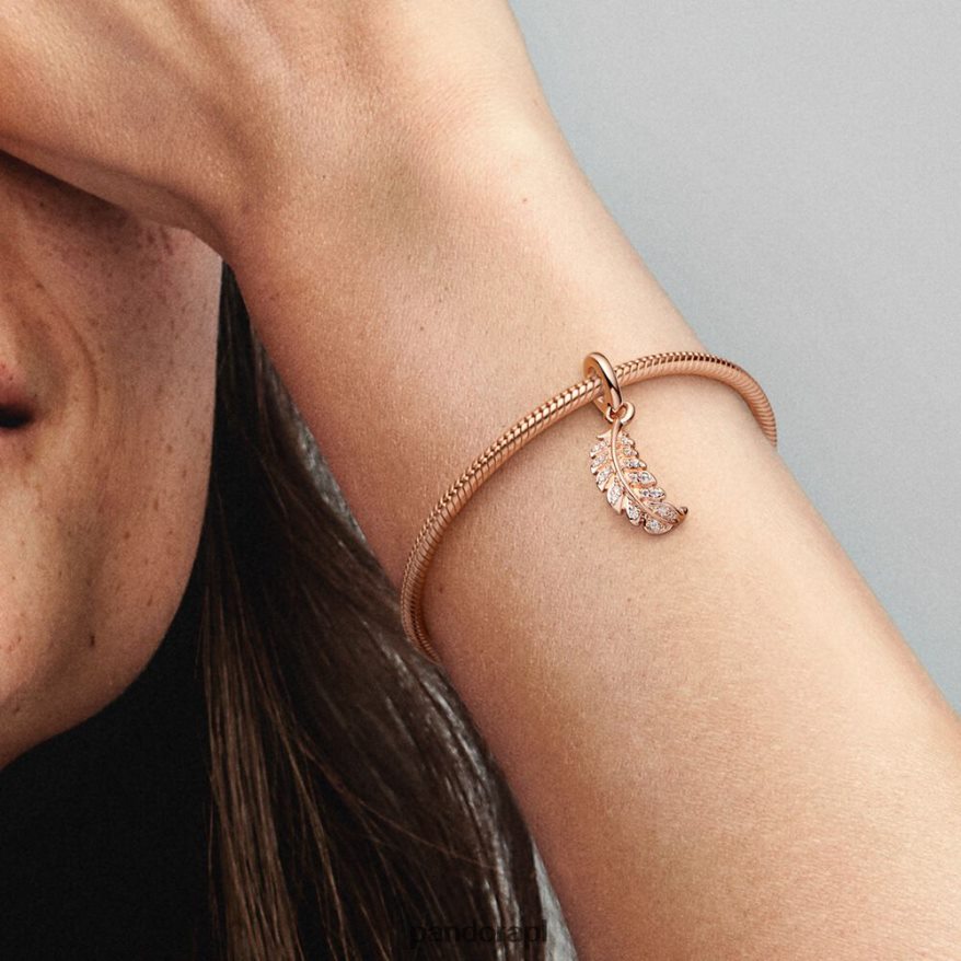 Pozłacane Różowym Złotem Akcesoria Pandora pływający, zakrzywiony wisiorek z piórkiem DFDN282